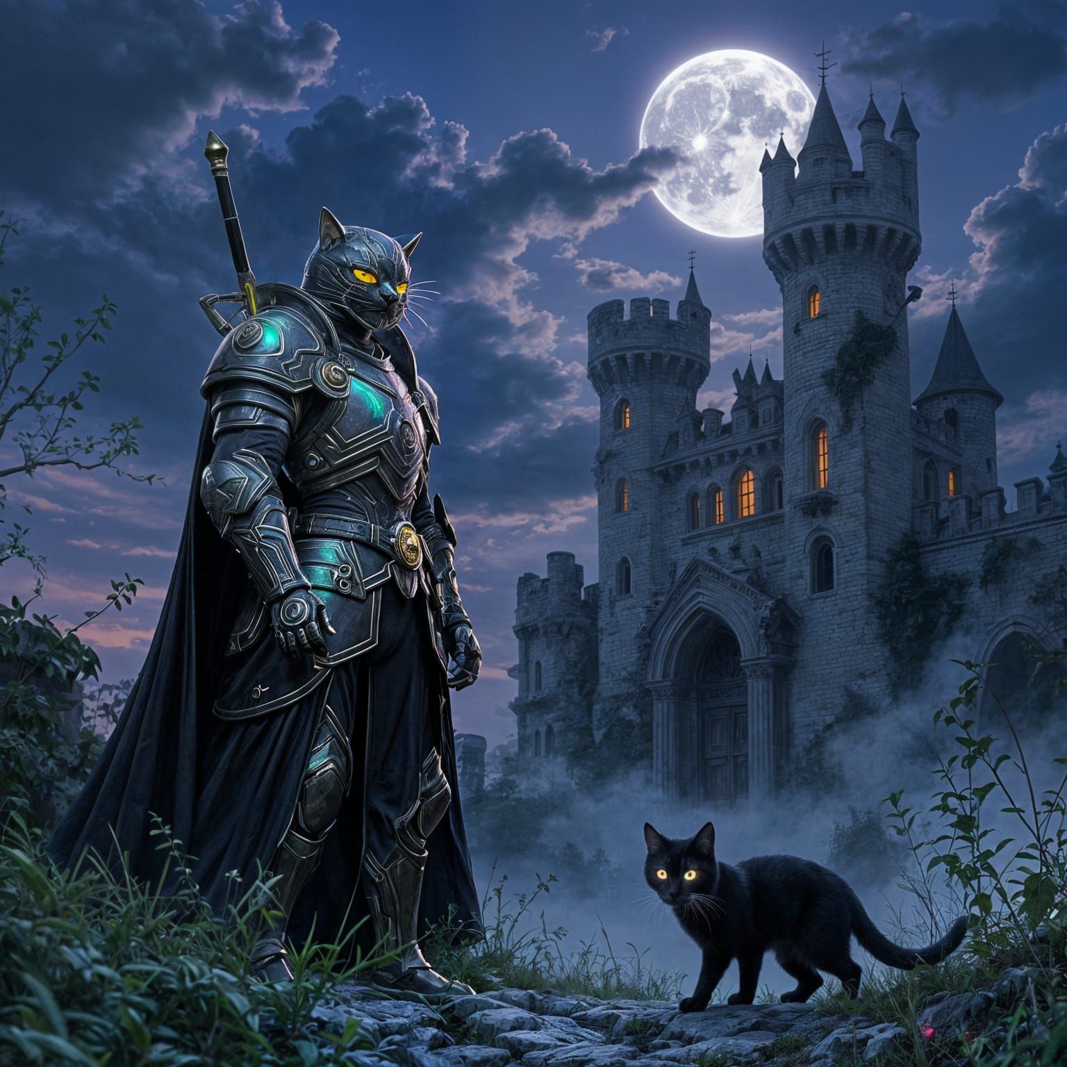 Steampunk Knight Guards Ruined Castle with Spectral Cat