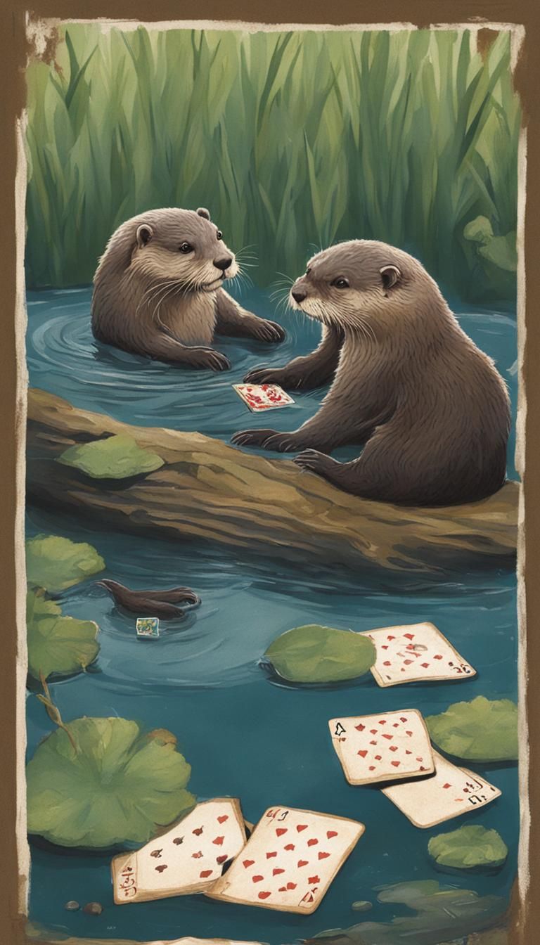 Otters Playing Cards in Pond