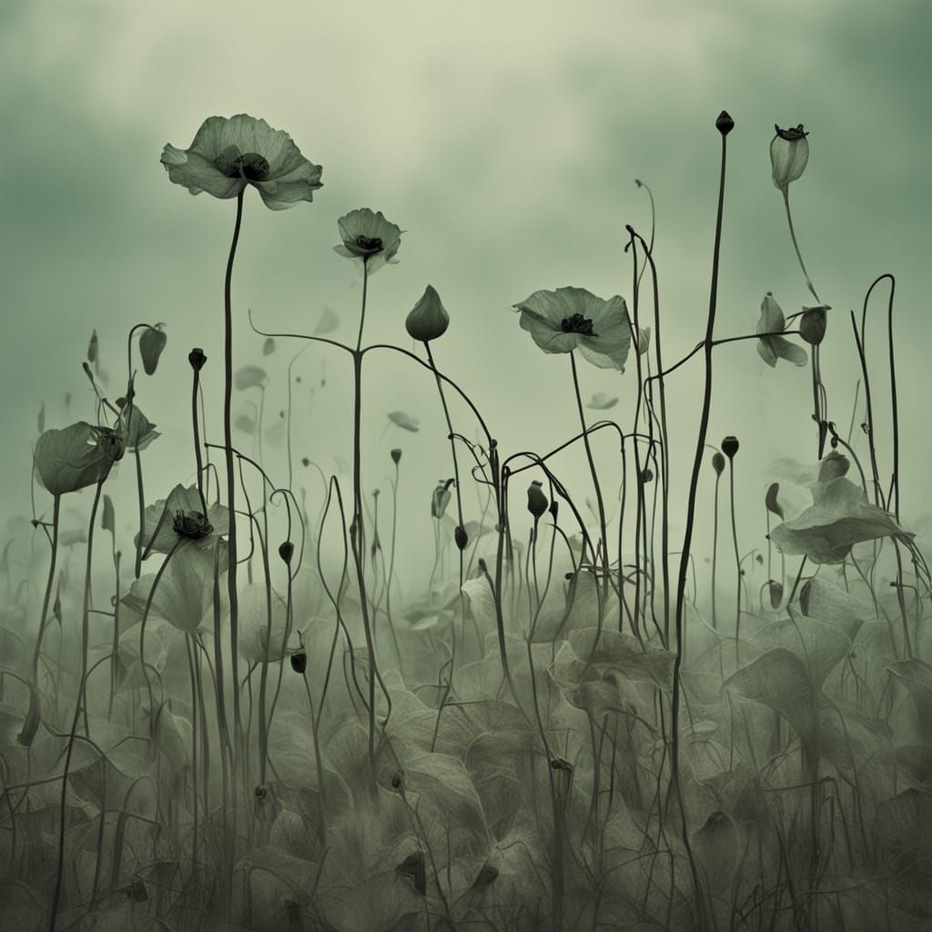 Surreal Poppies and Grapes on Rushing Beds