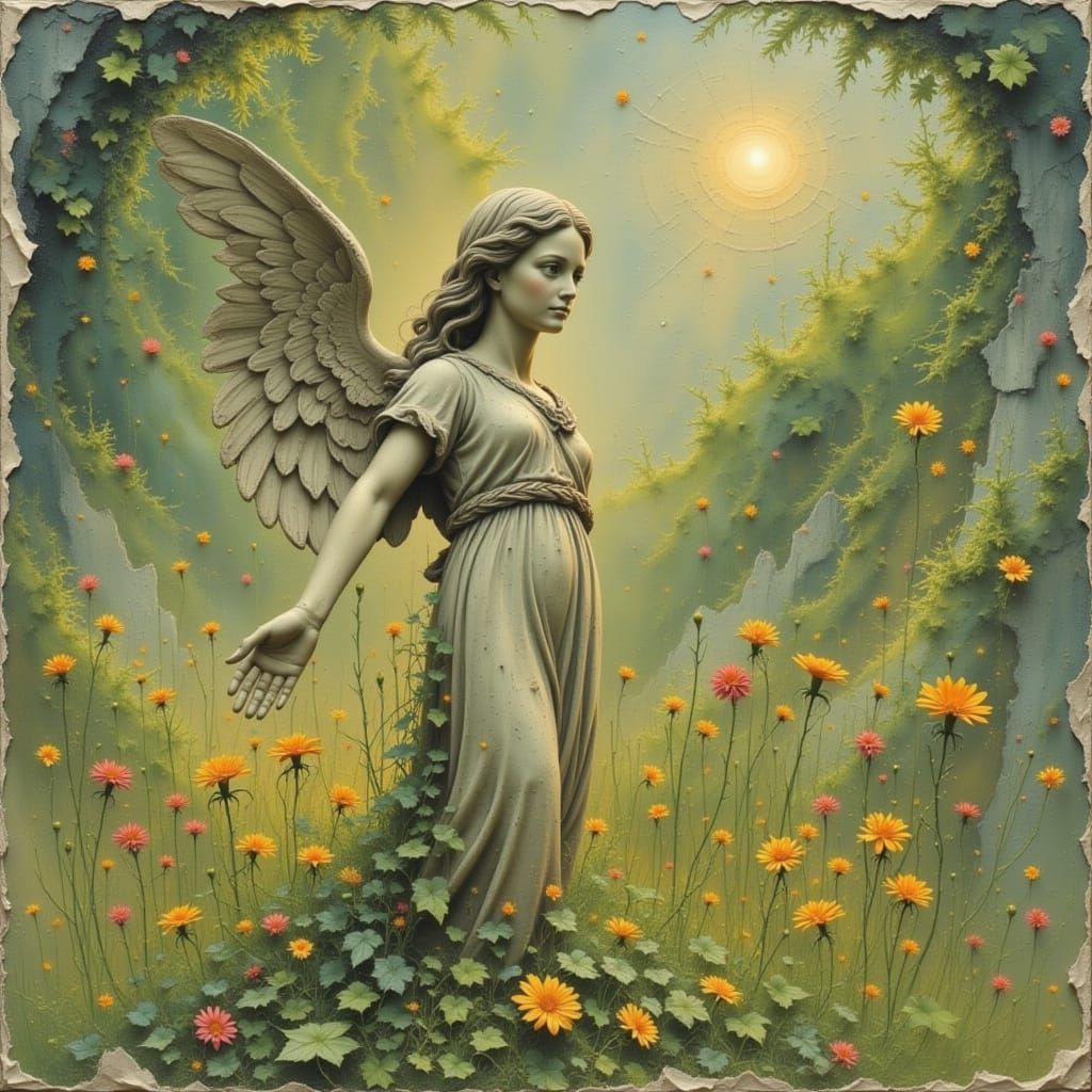 Weathered Angel Statue in Overgrown Garden