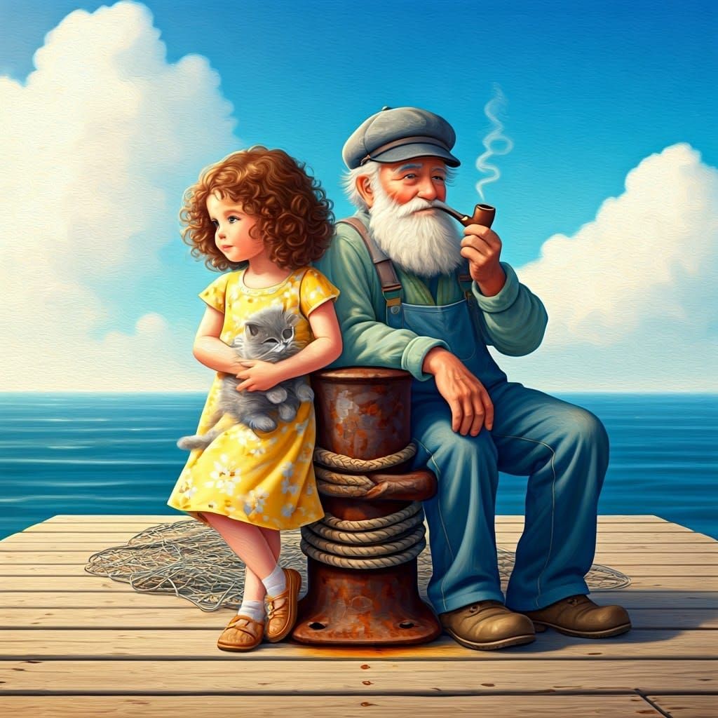 Girl, Fisherman, and Kitten on Pier in Rockwell Style