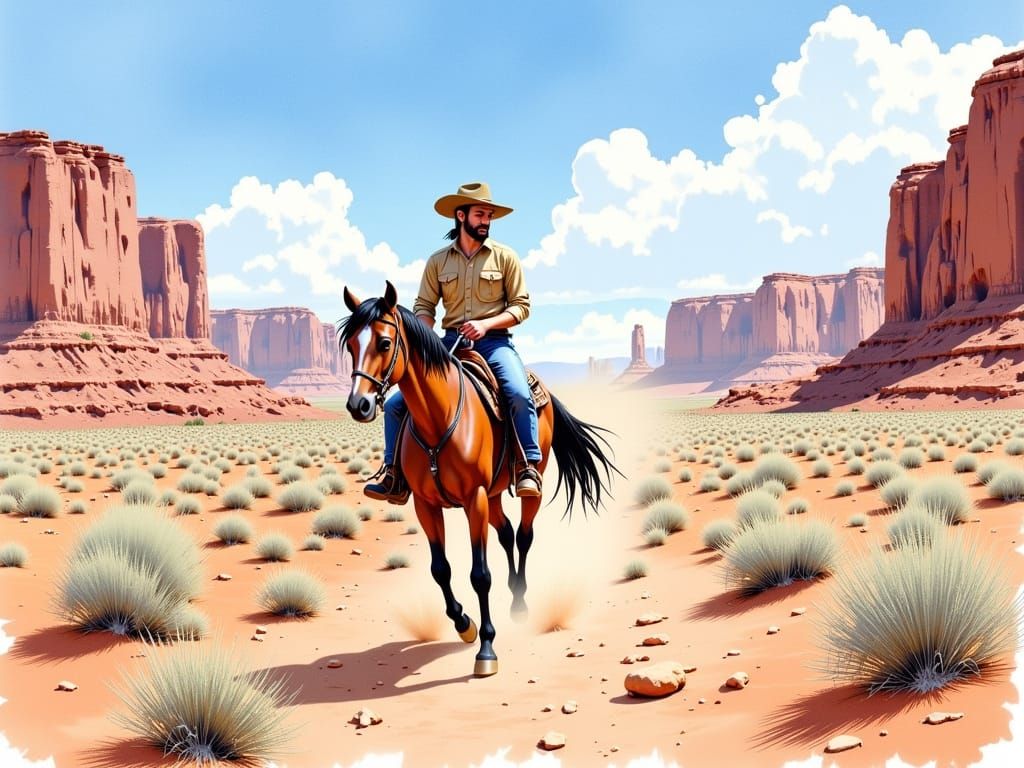 Man Rides Paint Horse Through Desert Canyon Watercolor