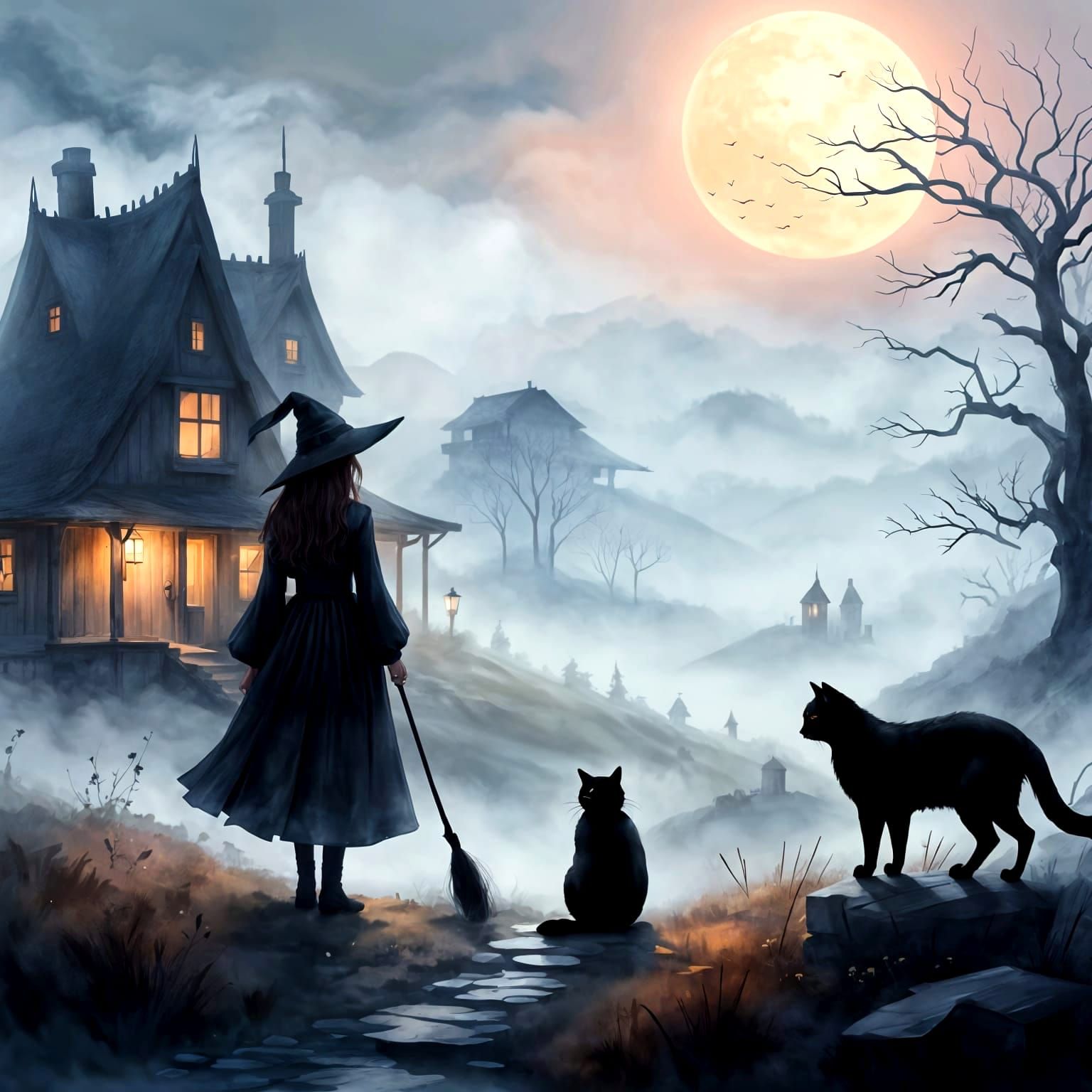 Ethereal Witch and Cat on Foggy Hill