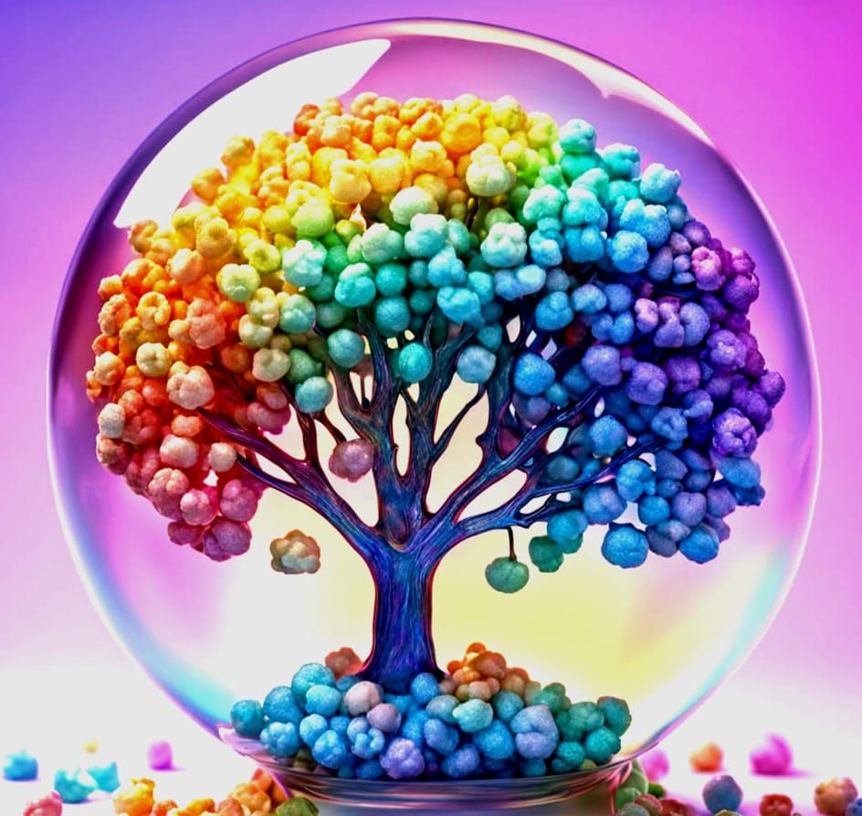 Rainbow Popcorn Tree in Glass Ball