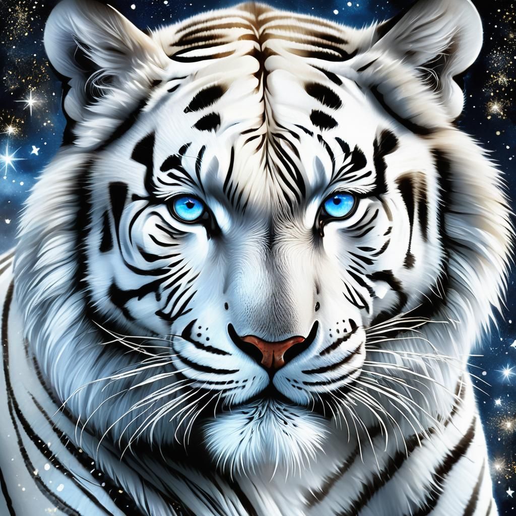 Mesmerizing White Tiger Portrait Under Mystical Night Sky
