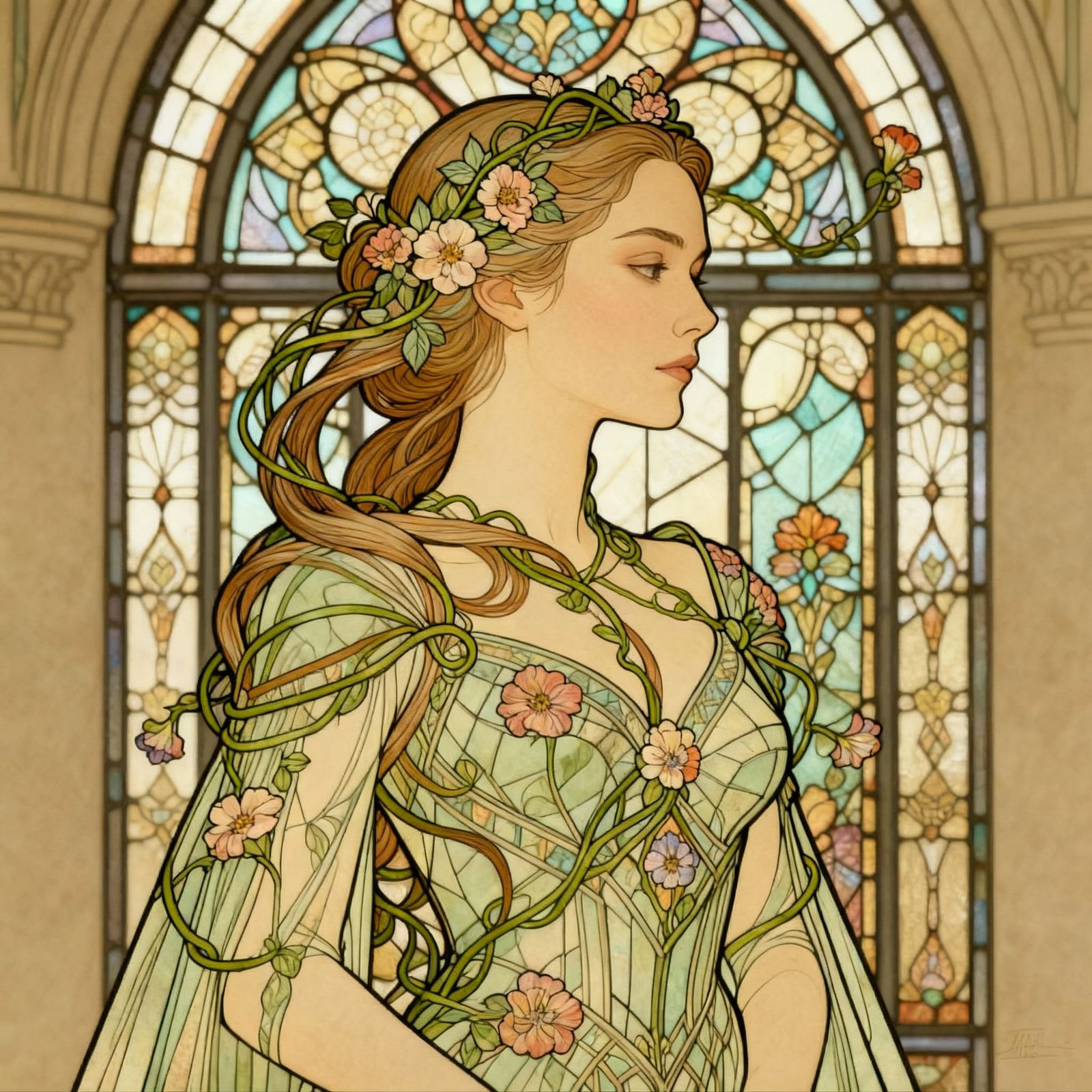 Art Nouveau Woman Before Stained Glass Window