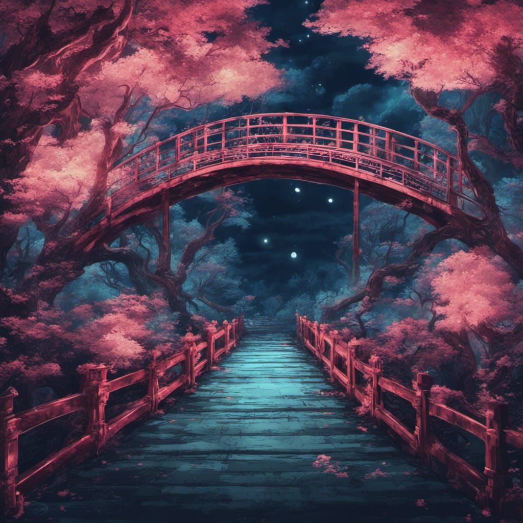 Mystical Japanese Forest Bridge at Night