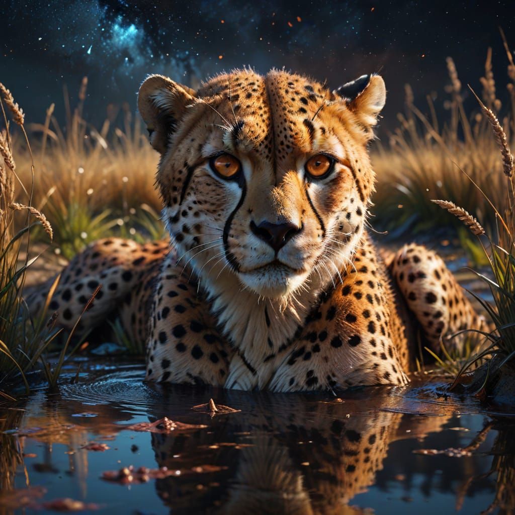 Majestic Cheetah Gazes at Reflection in Starry Savanna