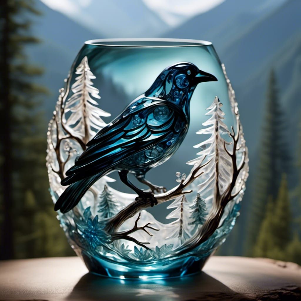 Glass Raven with Mountain Nature Inside