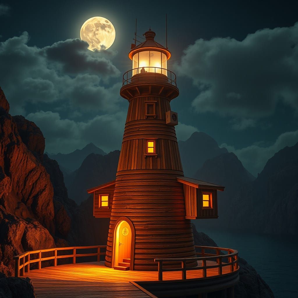 Moonlit Cyberpunk Lighthouse Amidst Rocky Mountains