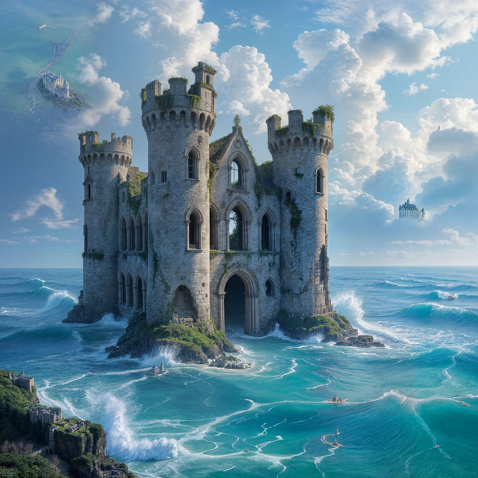 Ruined Castle in Turquoise Ocean, Surreal Style