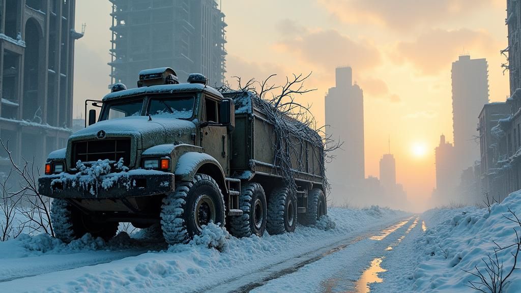 Post-Apocalyptic City: Overgrown SWAT Truck in Nuclear Winte...
