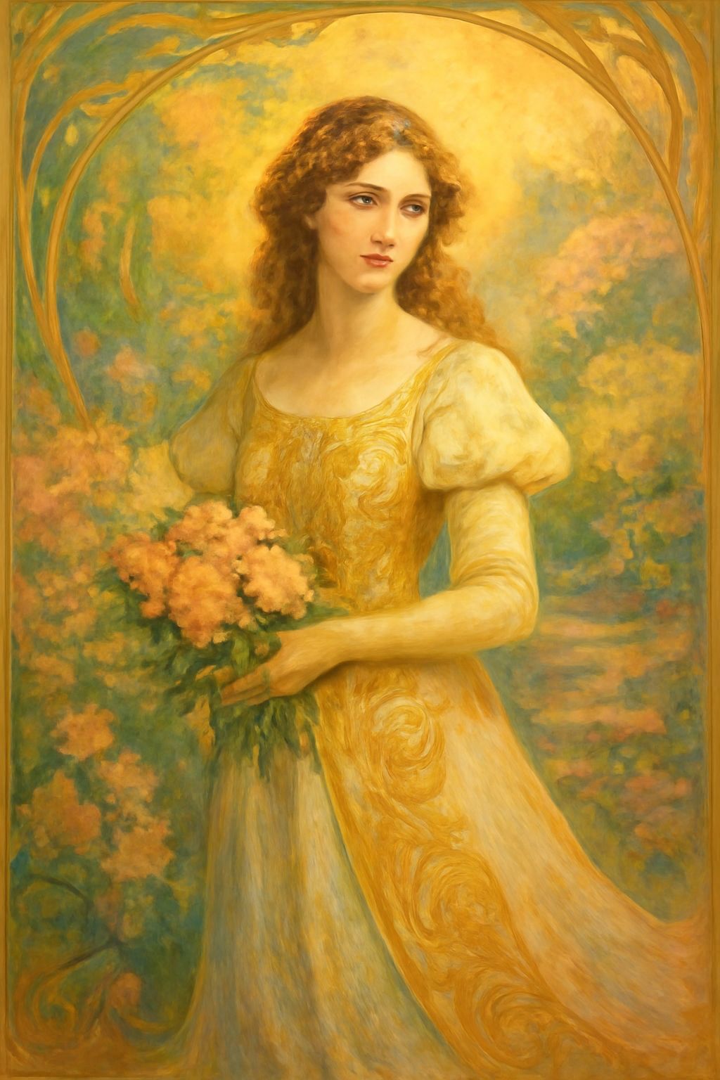 Elegant Muse in Garden: Art Nouveau Oil Painting