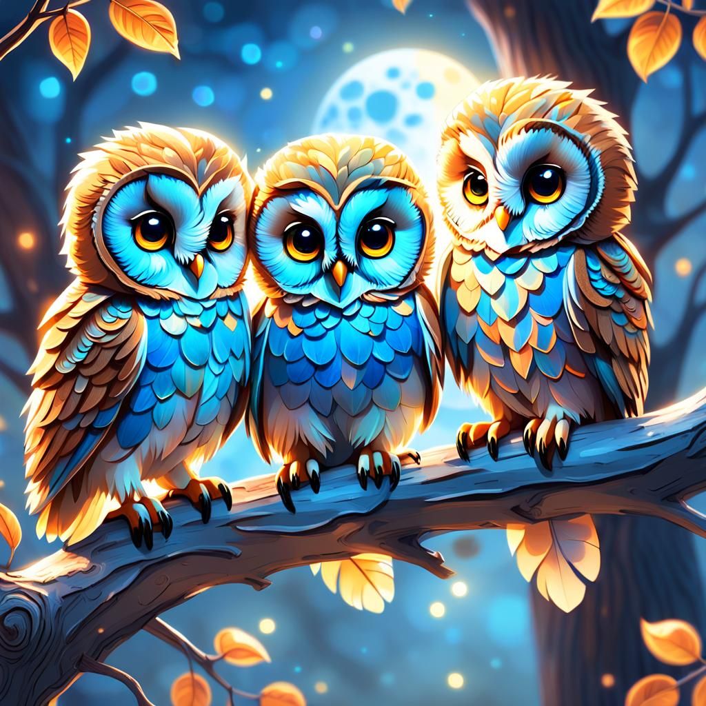 Whimsical Baby Owls in Moonlight: Fantasy Concept Art