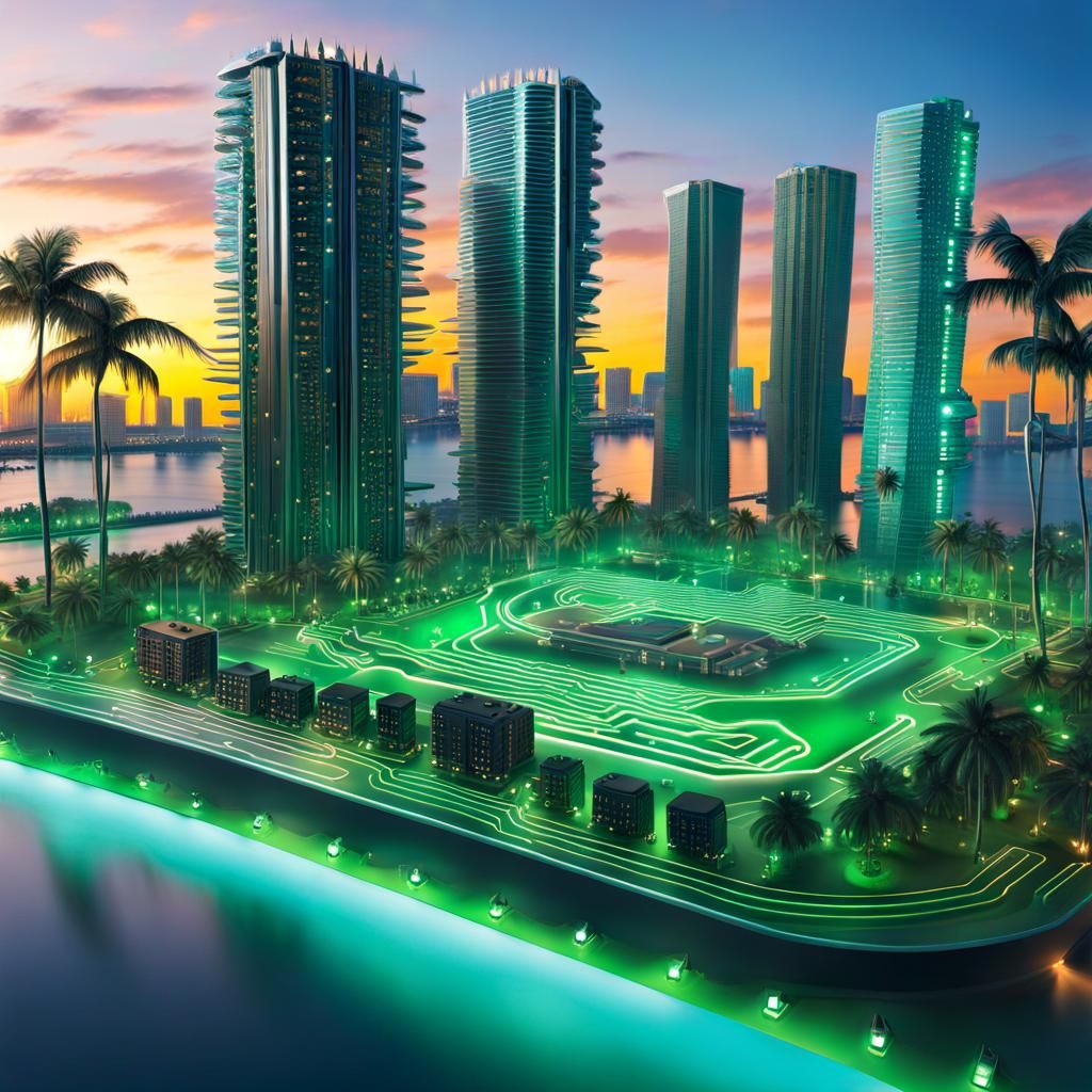 Miami Cityscape Circuit Board in Splash Art Style