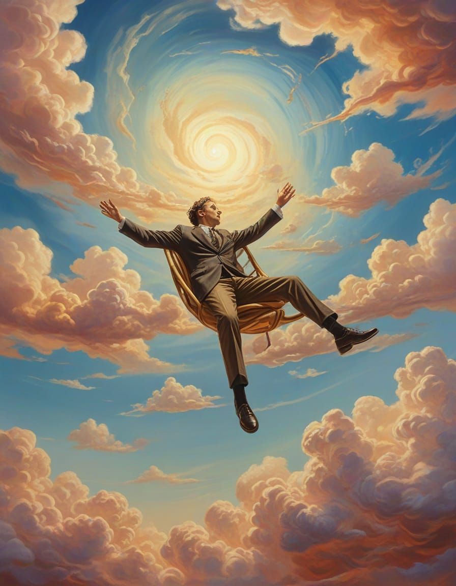 Surreal Oil Painting of a Person Floating Amidst Vibrant Clo...
