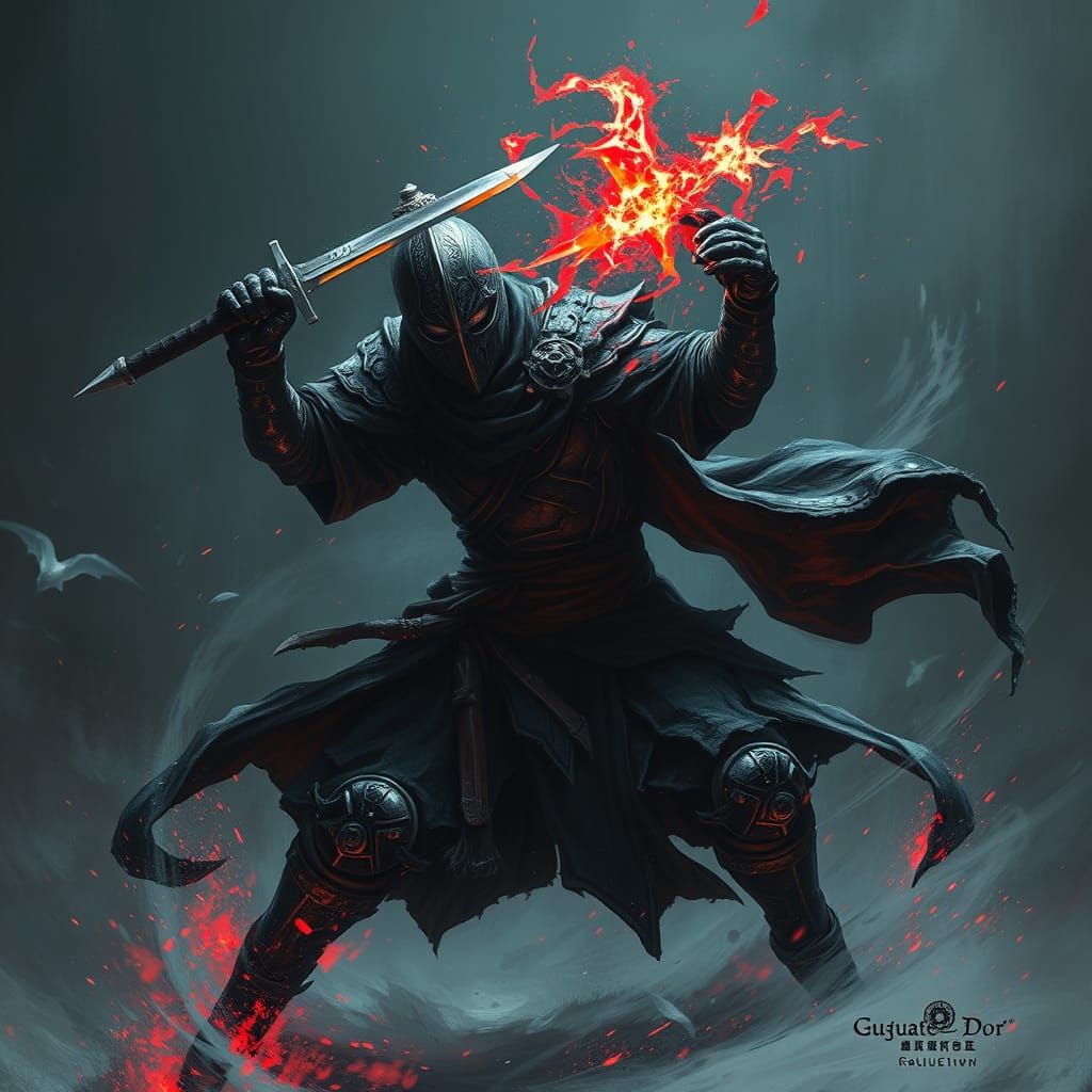 Nightmare Armored Ninja Throws Shuriken in Dark Horror Style