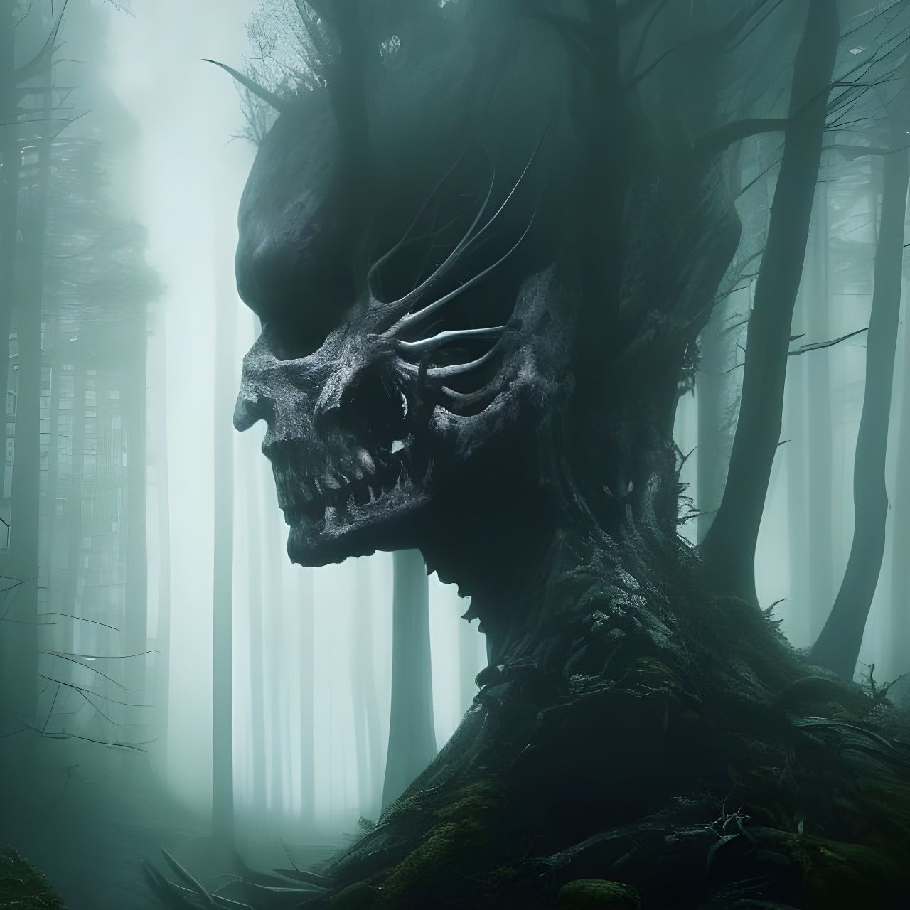 Ghostly Portrait in Haunted Forest, Dark Fantasy Art
