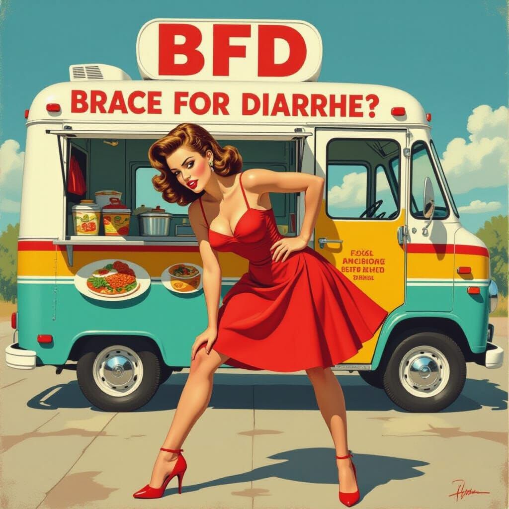 Distressed Pinup Girl and Food Truck, Cartoon Style