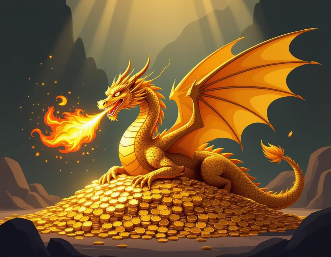 A winged golden dragon laying on the pile of gold, breathing the golden flameout of his mouth, style: Minimalism
