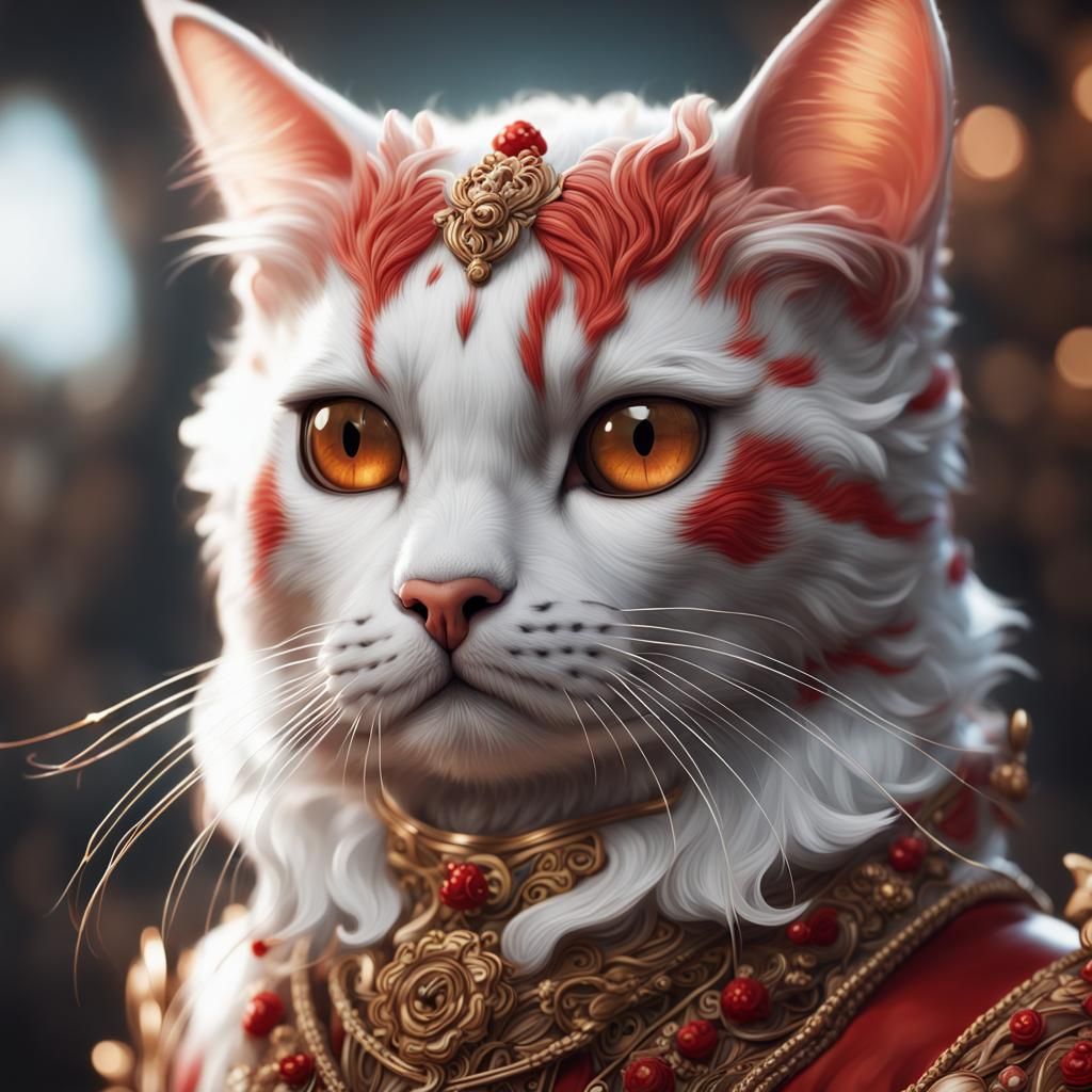 Hyperrealistic Portrait of a Cute Cat in Red and White