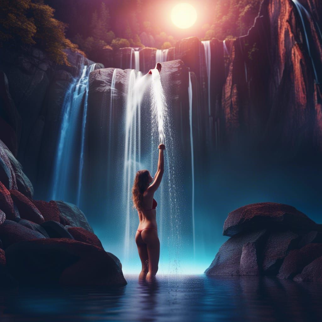 Women Showering in Waterfall Under Full Moon