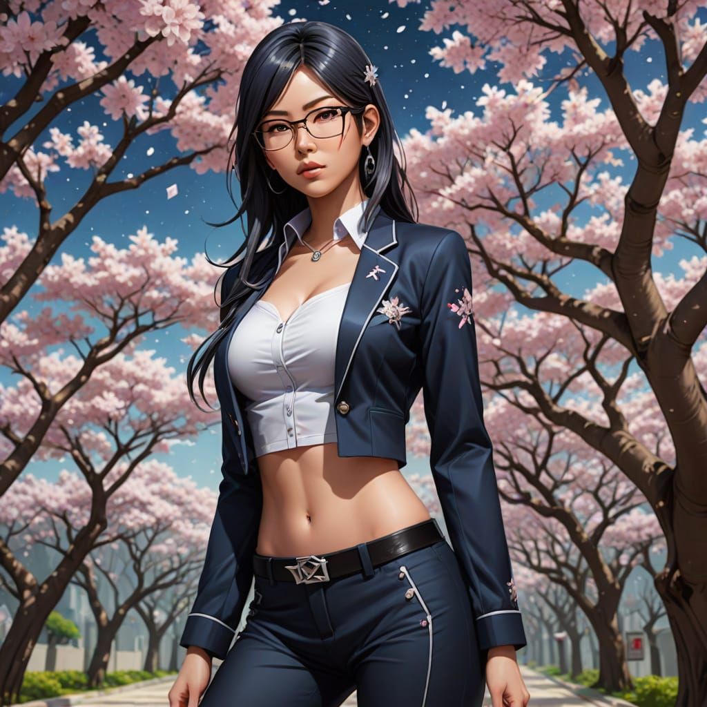 Sultry Anime Ninja in Digital Sakura Garden