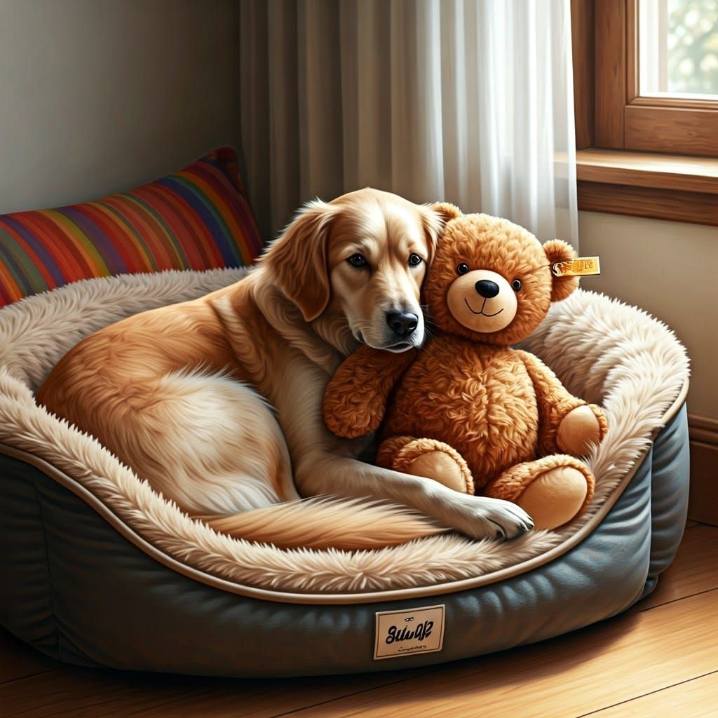 Dog and Teddy Bear in Sun-Drenched Room