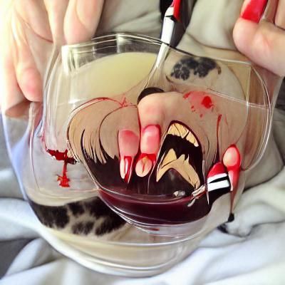 Woman Drinking Blood with Fangs and Black Nails