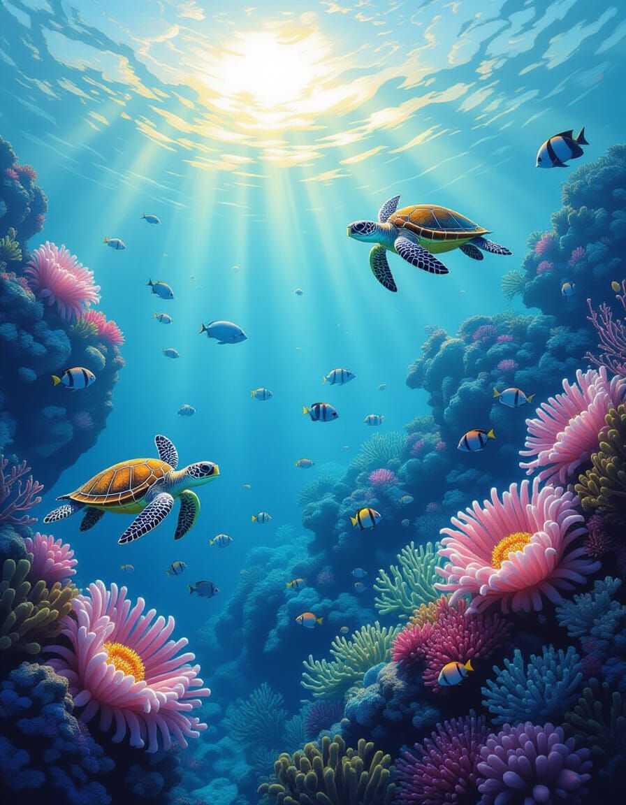 Hyperdetailed Coral Reef with Sea Life in Dreamy Style