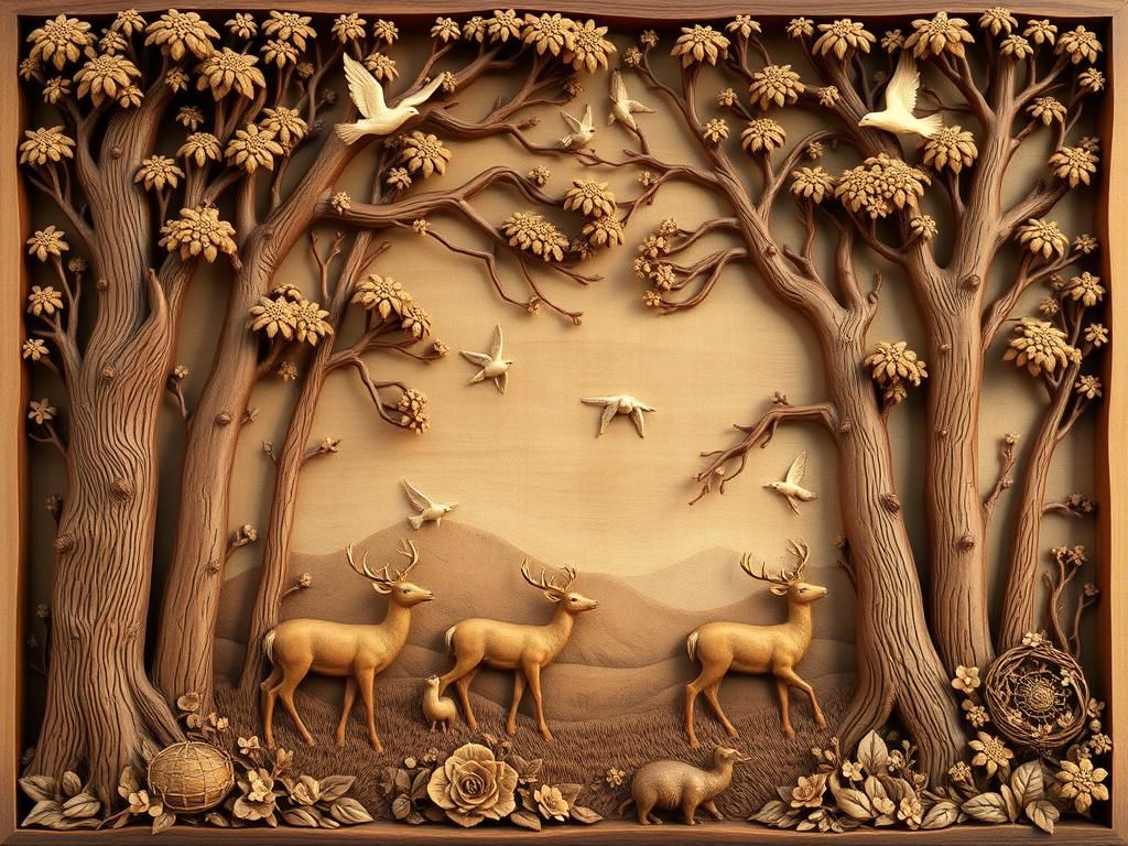 Detailed Wood Carving of Forest Scene