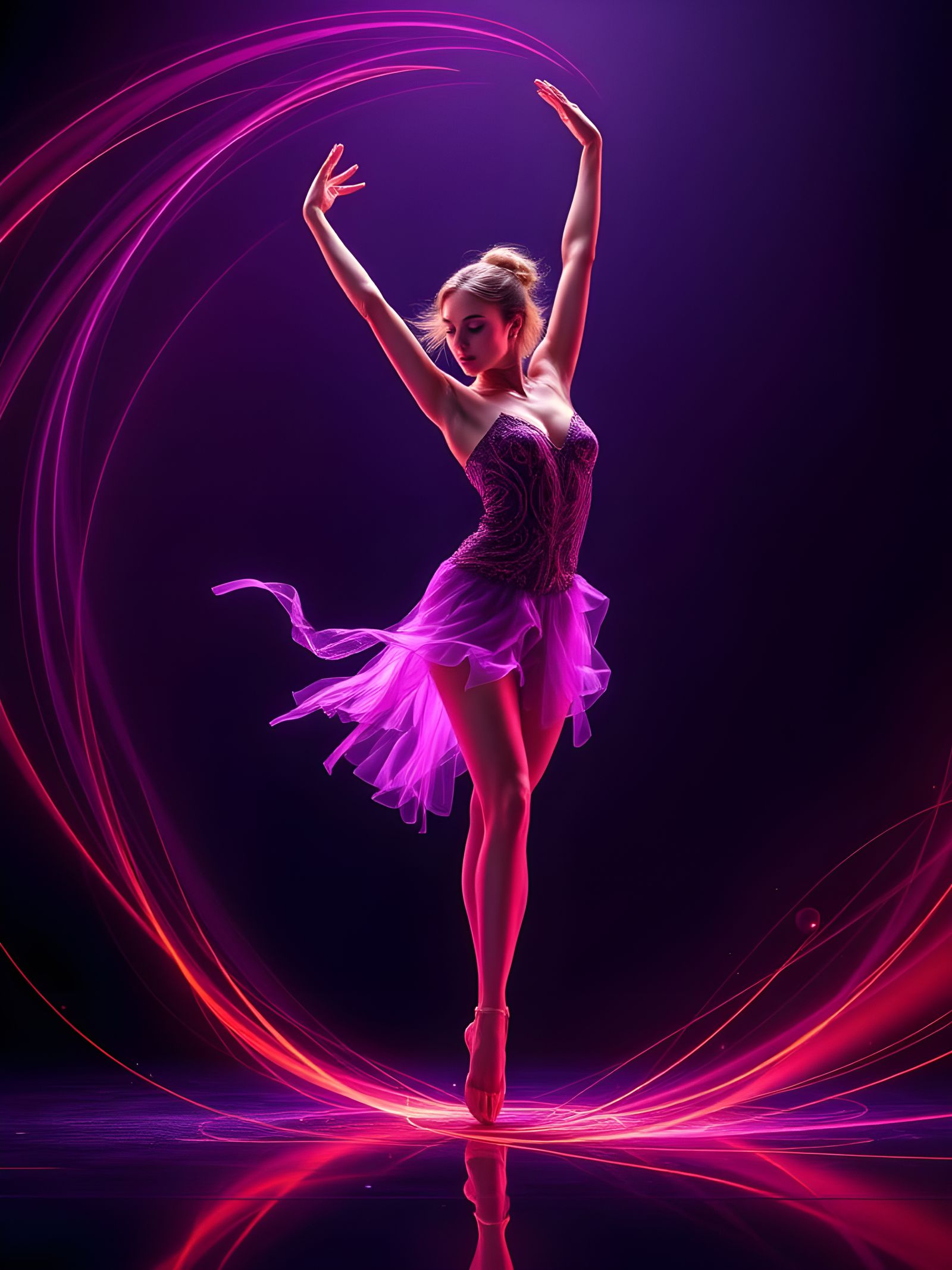 Vibrant Dancer in Neon Glow, Swirling Lines of Light