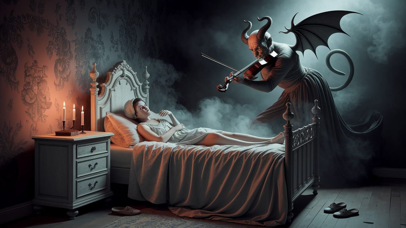 Gothic Fantasy Bedroom Scene with Winged Demon Violinist