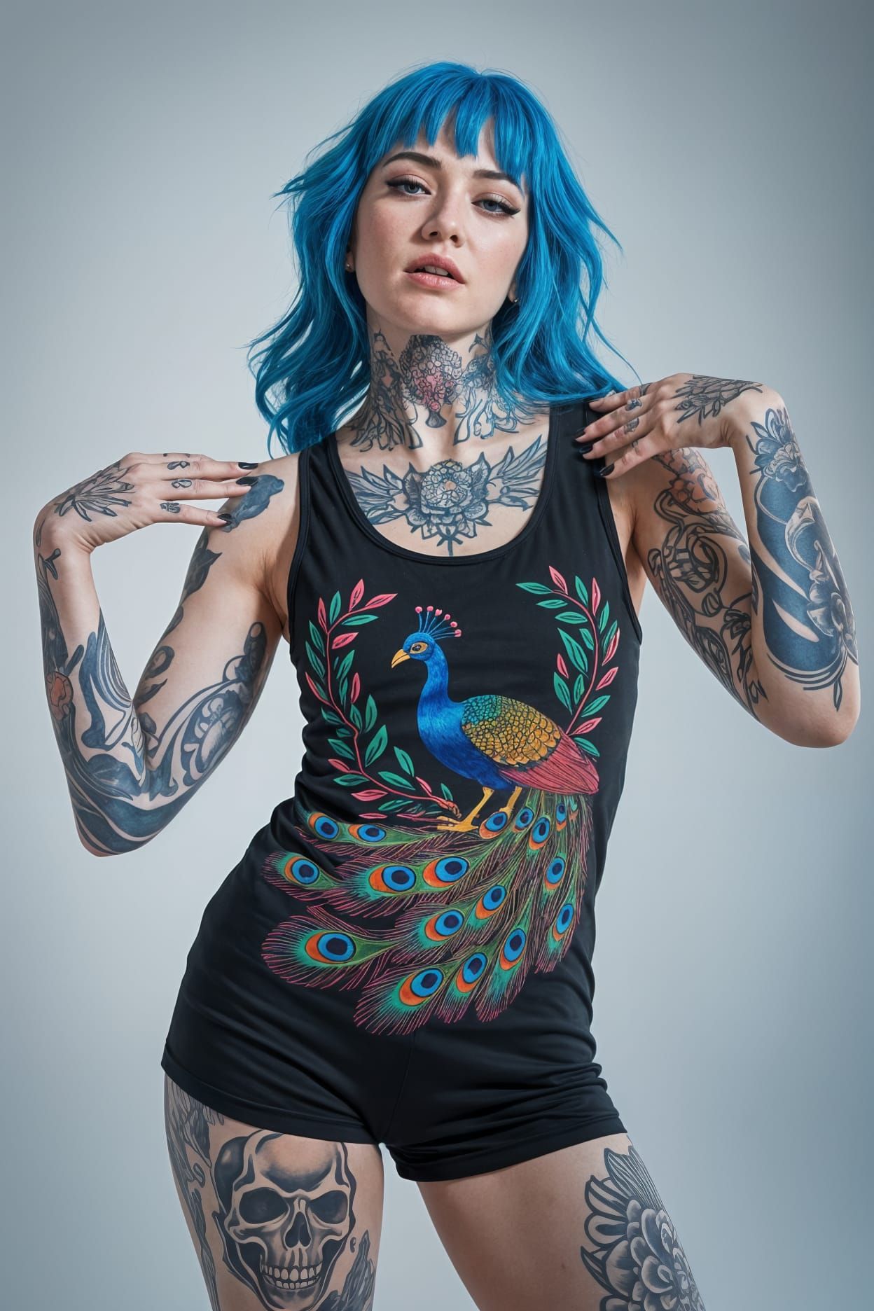 Photorealistic image of a woman with vibrant blue hair and full-body tattoos, wearing a black tank top with a colorful p...
