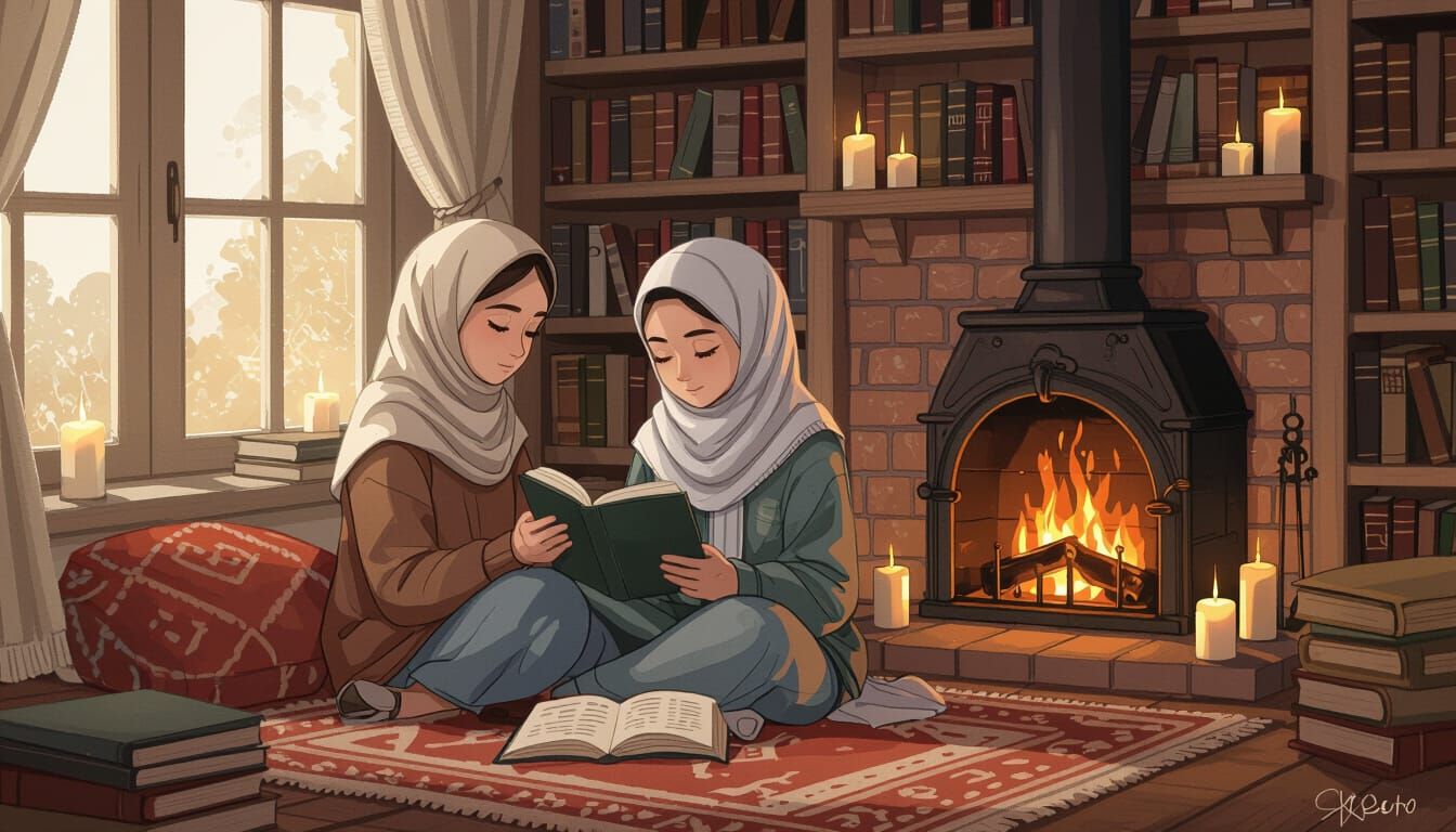 Muslim Girl Studying by Firelight
