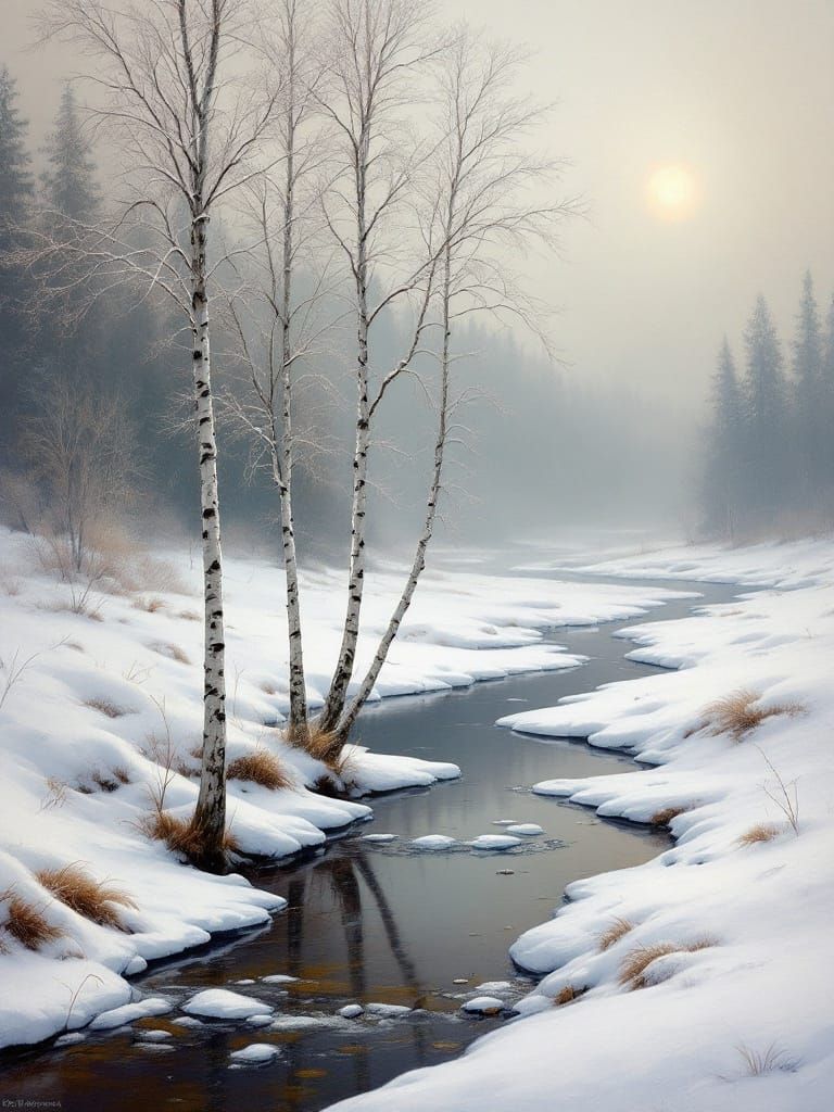 Slender Birch Trees Reflecting in Frozen Stream