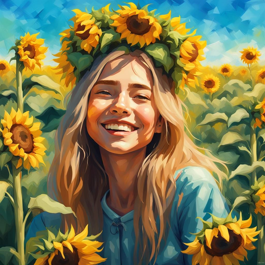 Girl in Sunflower Field: Whimsical Oil Painting
