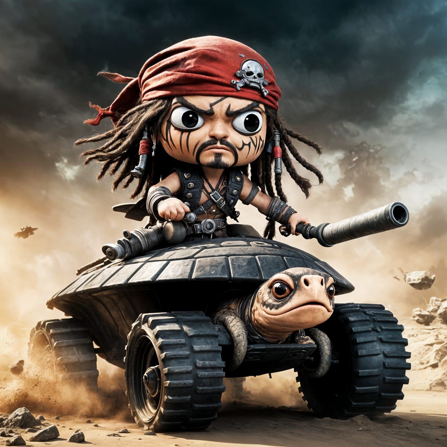 Chibi Jack Sparrow Races Turtle Tank in Wasteland