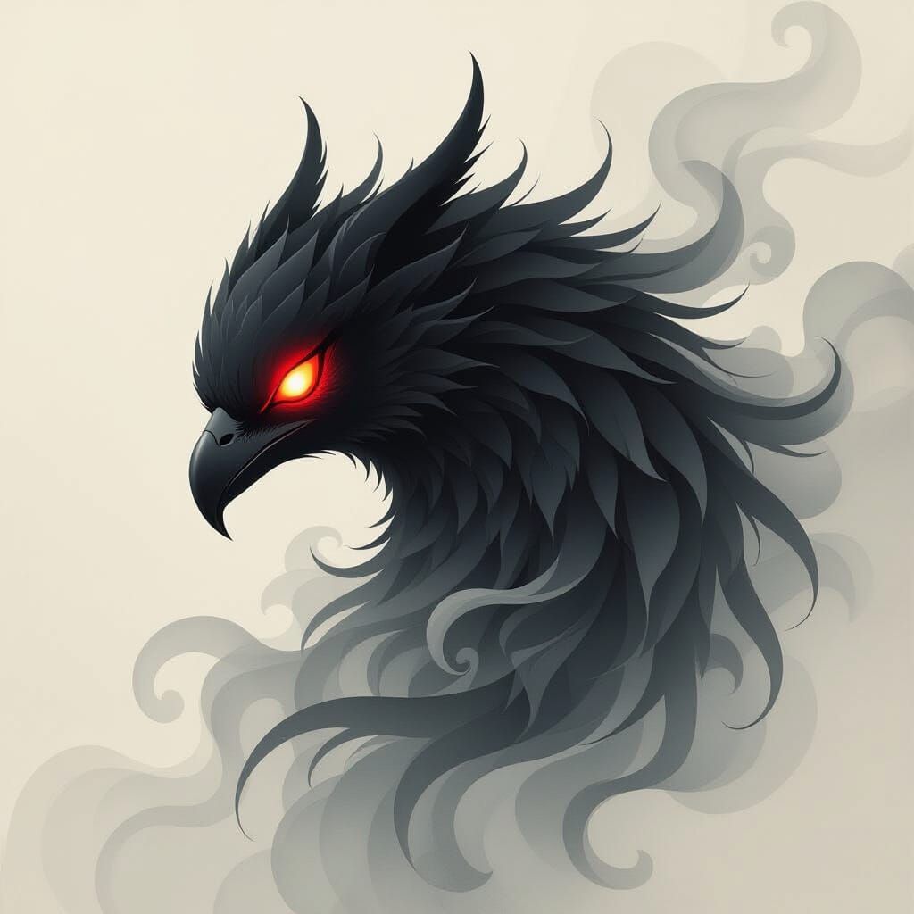 Monochrome Phoenix with Crimson Eyes on Washi Paper