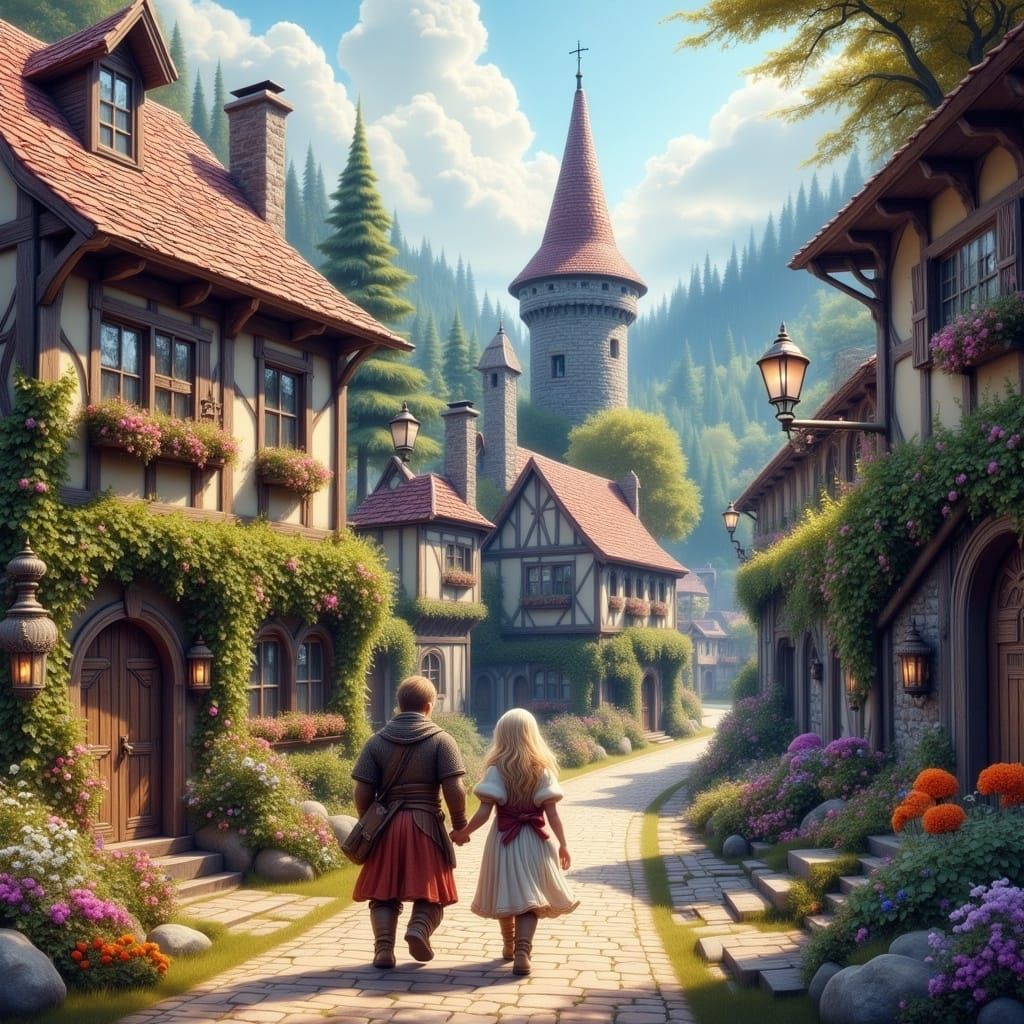 Medieval Lovers Stroll in Colorful Village