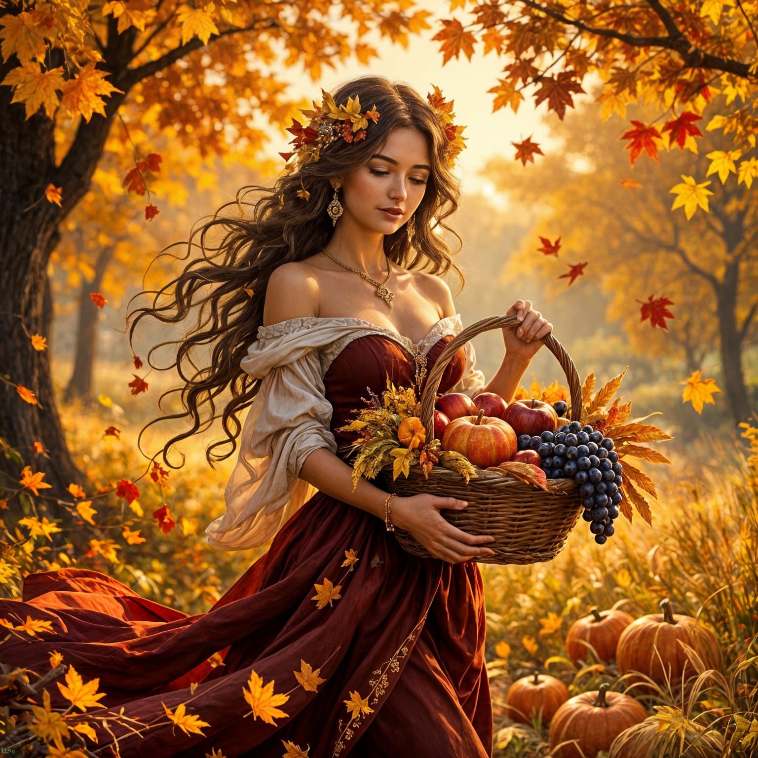 Autumn Goddess Amidst Golden Trees With Harvest Basket