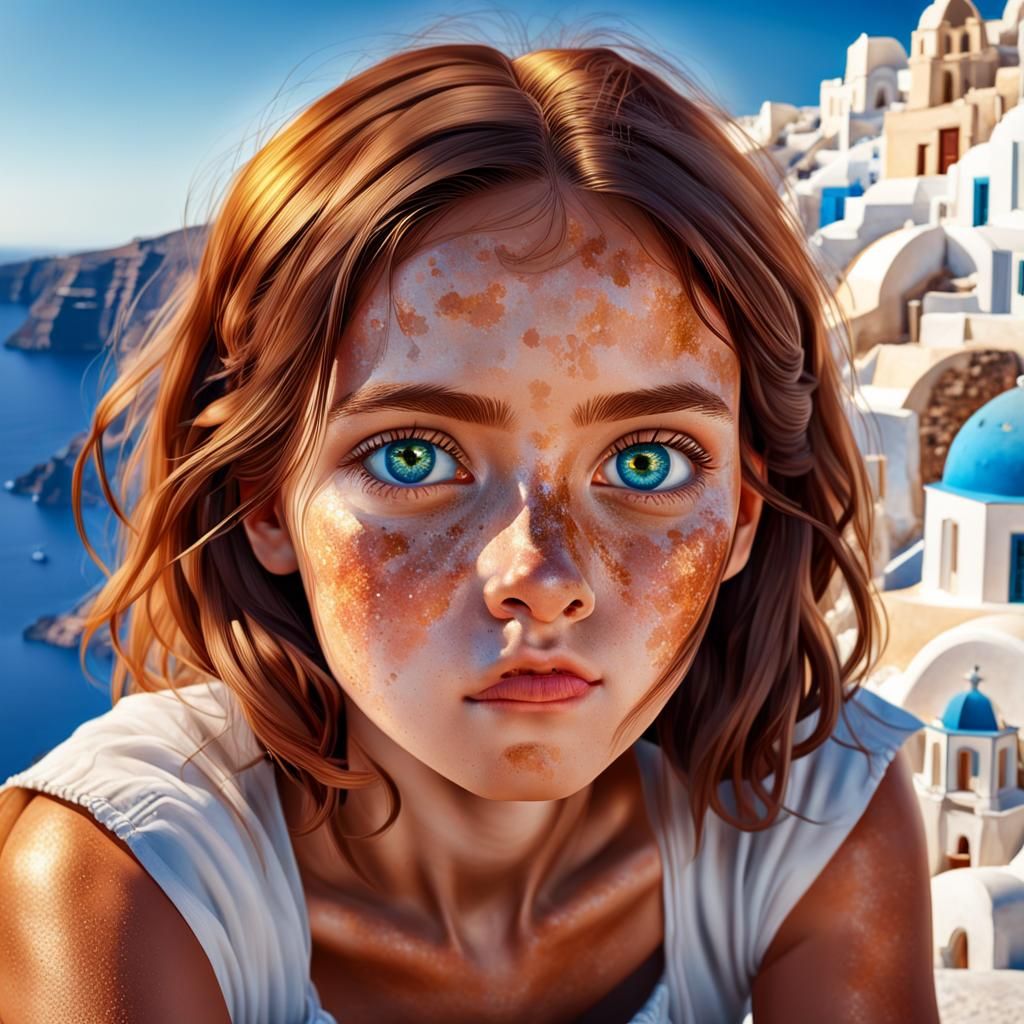 Freckled Girl Portrait with Santorini Backdrop