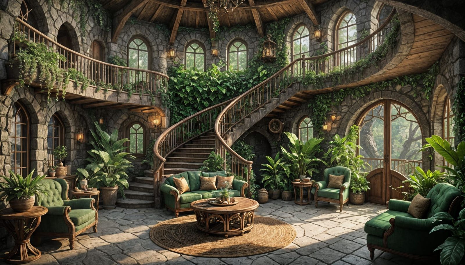 Elven Cottage Living Room with Balcony, Detailed Matte Paint...