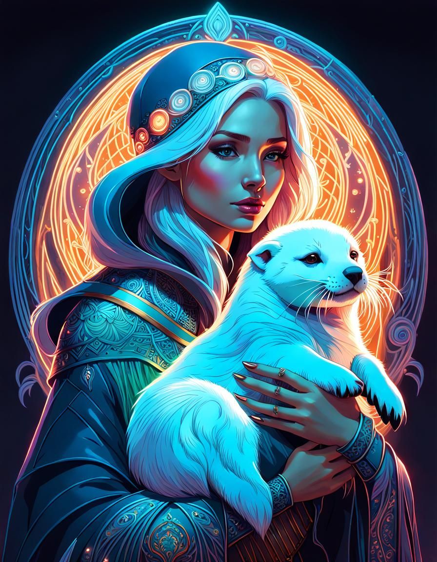 Neon Winter Witch and Harp Seal Portrait