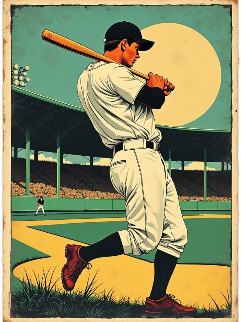 Vintage Baseball Player Swinging Bat in Retro Style