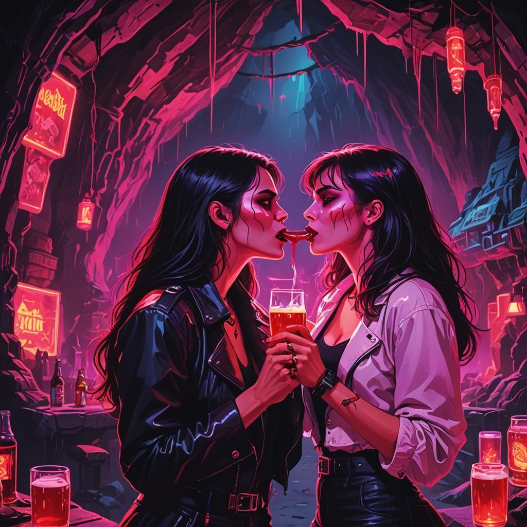 Vampire Kiss in Neon Cave: Synthwave Retro Scene