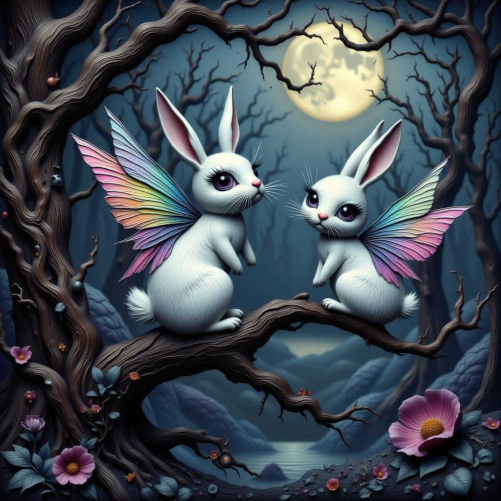 Whimsical White Rabbits with Rainbow Wings in Gothic Forest