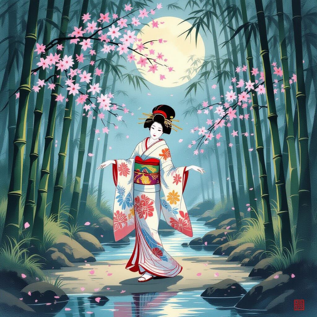 Geisha Dancing in Bamboo Forest, Ukiyo-e Style