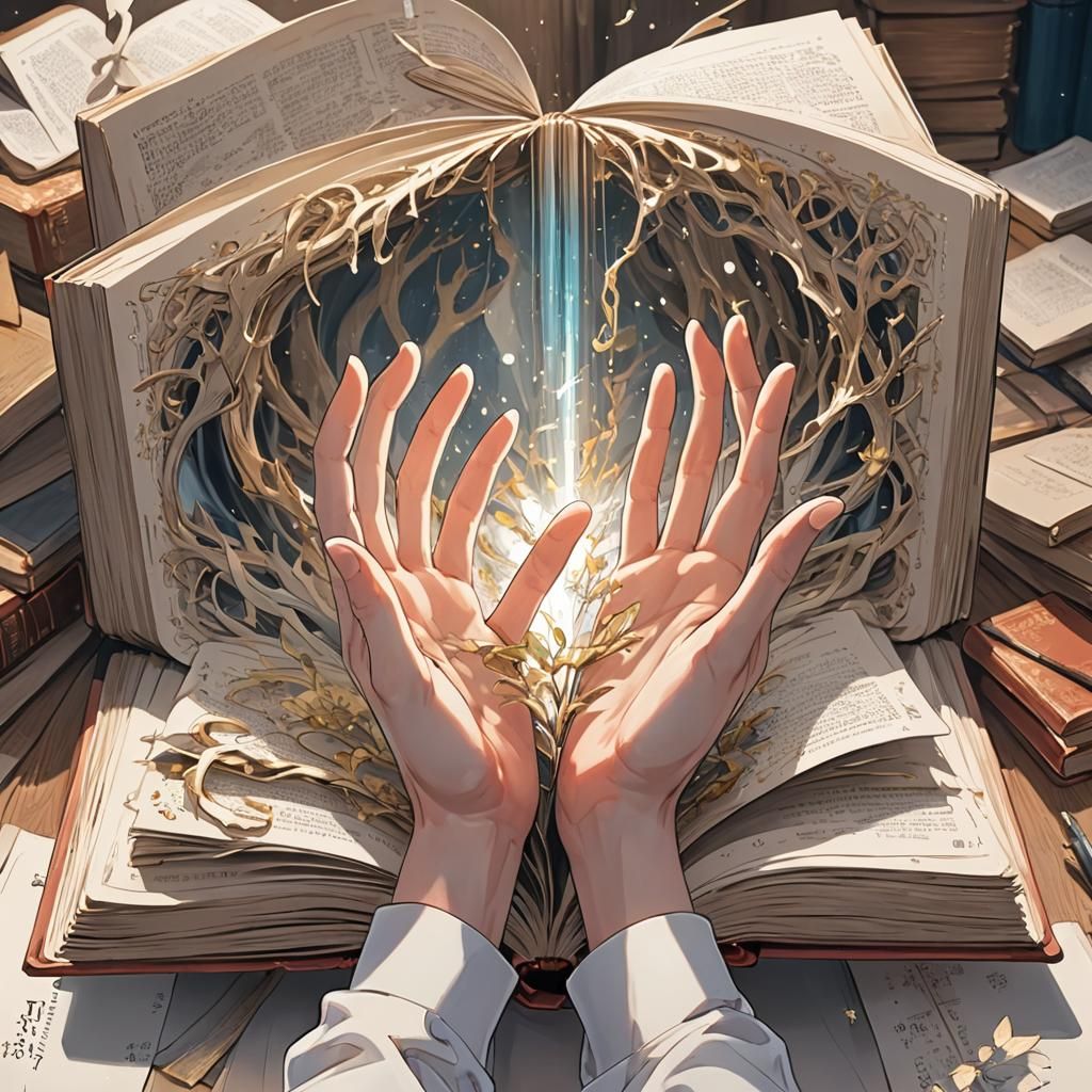 Open Book with Hands in Anime Key Visual Style