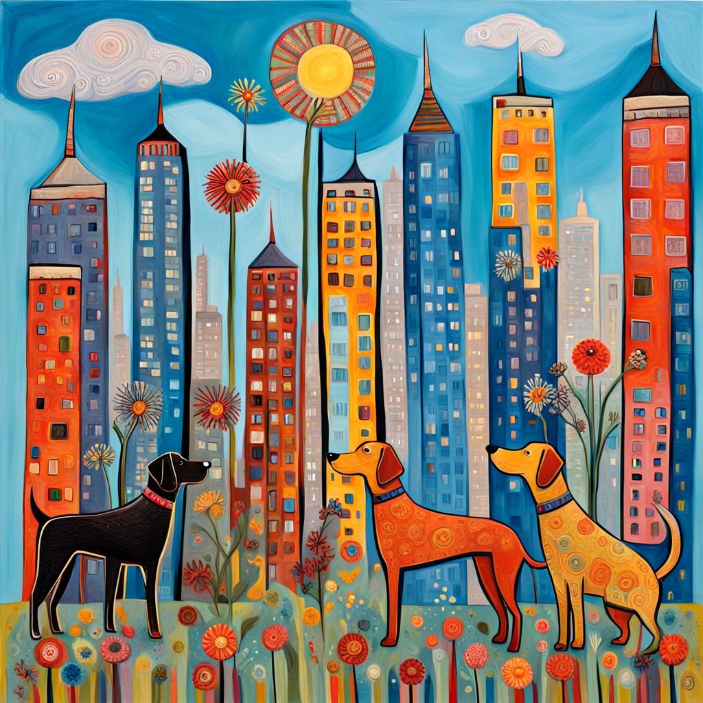 Whimsical Outsider Art Cityscape with Stylized Dogs